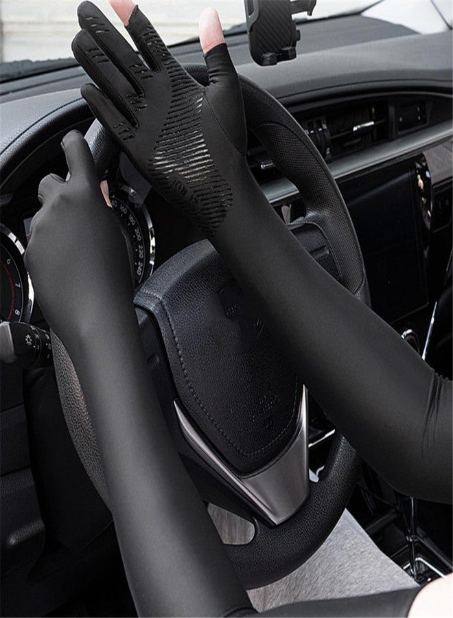 Inf-way UV Protection Armsleeves with 2 Cut Fingers Sun Gloves Men Anti-slip Fishing Driving Cycling Sports Cooling Long Sleeves (Black) - Image 2